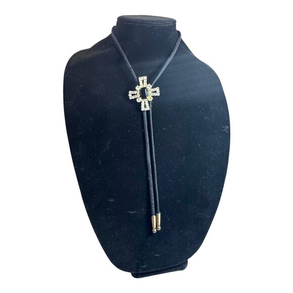 Vintage Maltese Cross Black Bolo Tie Rhinestone Pendant & Cord Men Women Fancy - Picture 2 of 7